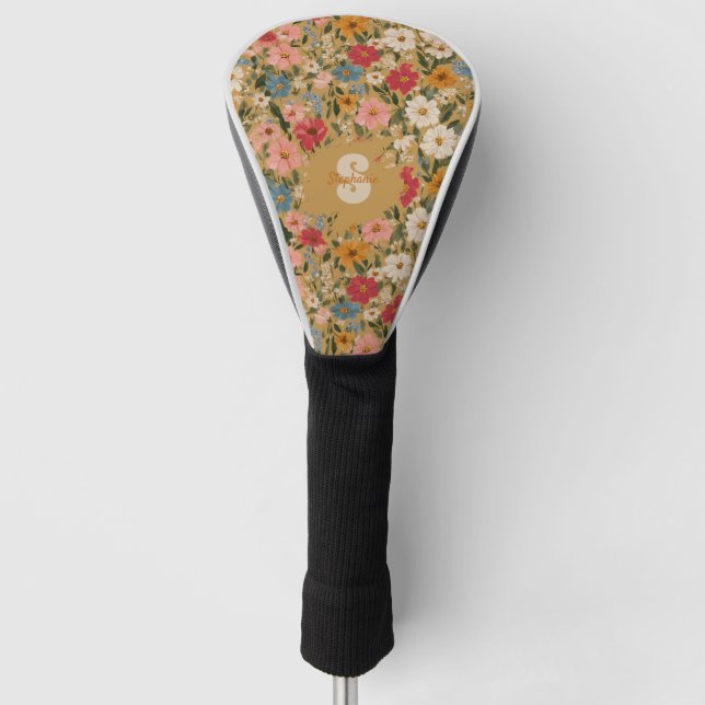 Vintage Colourful Daisy Pattern - Mustard Golf Head Cover (Front)