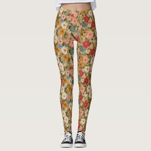 Vintage Colourful Daisy Pattern - Mustard Leggings (Front)