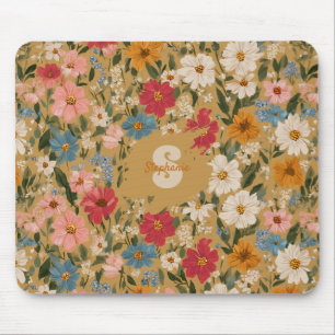 Vintage Colourful Daisy Pattern - Mustard Mouse Mat