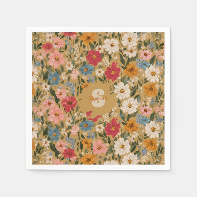 Vintage Colourful Daisy Pattern - Mustard Napkin (Front)