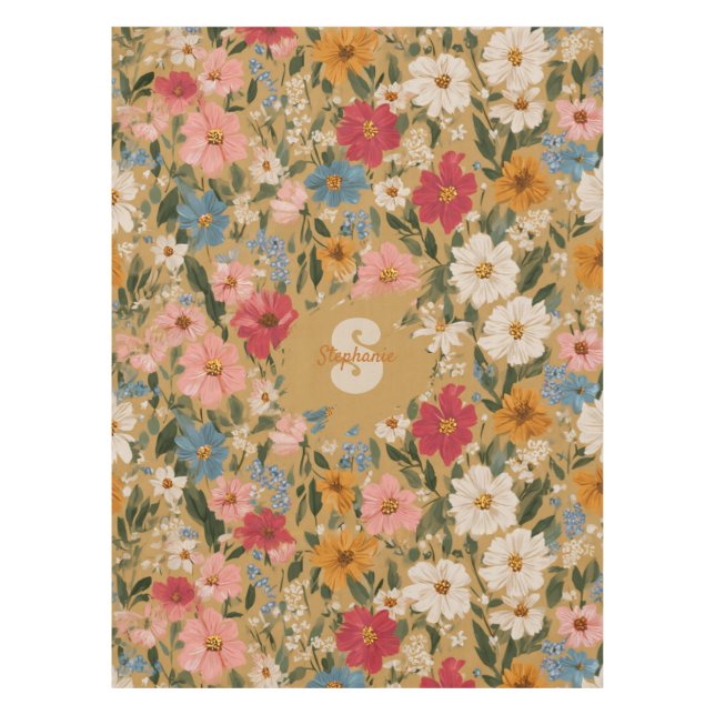Vintage Colourful Daisy Pattern - Mustard Tablecloth (Front)