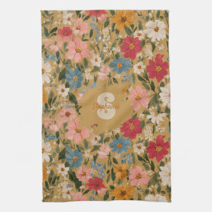 Vintage Colourful Daisy Pattern - Mustard Tea Towel