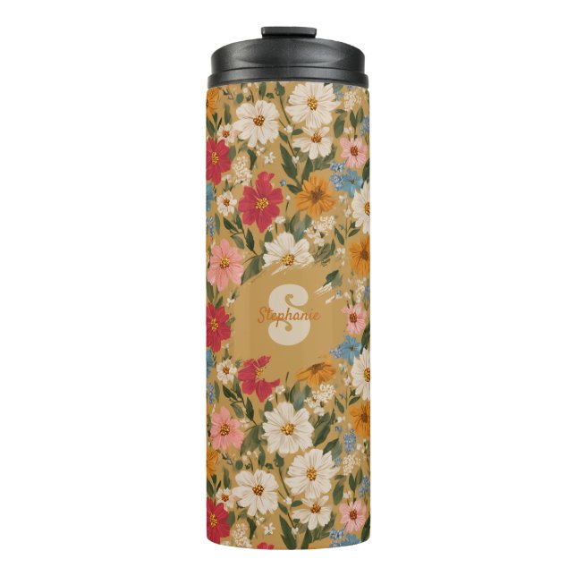 Vintage Colourful Daisy Pattern - Mustard Thermal Tumbler (Front)