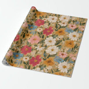 Vintage Colourful Daisy Pattern - Mustard Wrapping Paper
