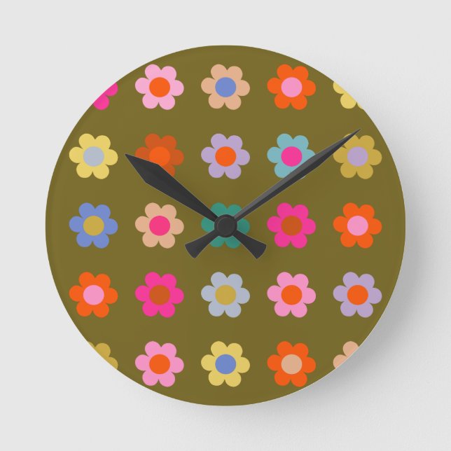 Vintage Colourful Floral Abstract Retro Flowers Round Clock (Front)