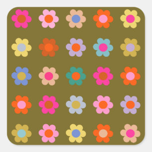Vintage Colourful Floral Abstract Retro Flowers Square Sticker