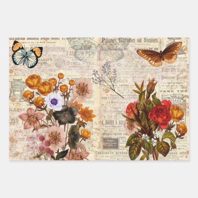 Vintage Colourful Floral Decoupage   Wrapping Paper Sheet (Front)