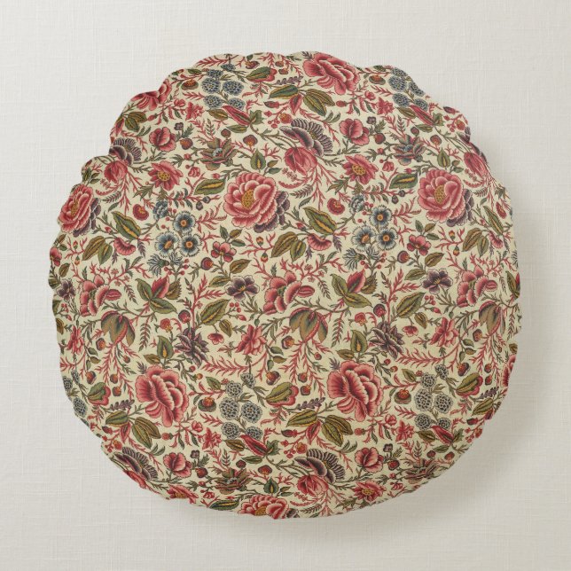 Vintage Colourful Floral Print Round Cushion (Front)