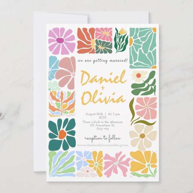 Vintage Colourful Flower Retro Wedding Invitation (Front)