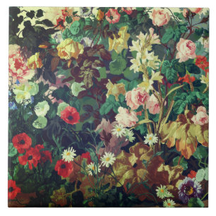 Vintage  colourful flowers floral painting tile