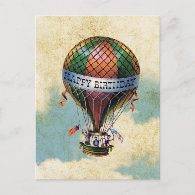 Vintage Colourful Hot Air Balloon Happy Birthday Postcard (Front)