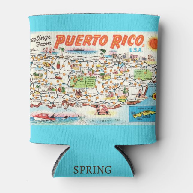 Vintage Colourful Map of Puerto Rico Can Cooler (Front)