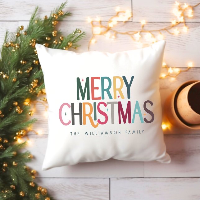 Vintage Colourful Merry Christmas Cute Stars Photo Cushion (Creator Uploaded)