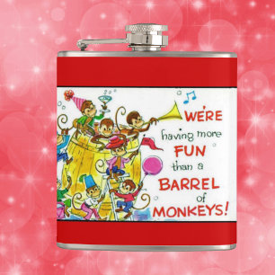 Vintage Colourful More Fun Barrel of Monkeys Hip Flask