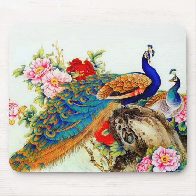 Vintage Colourful Peacocks Mouse Mat (Front)
