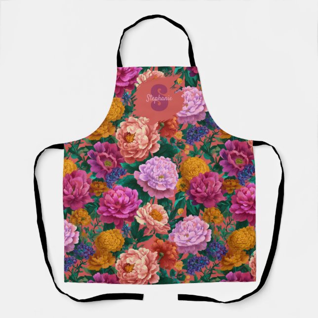 Vintage Colourful Peony Pattern Apron (Front)
