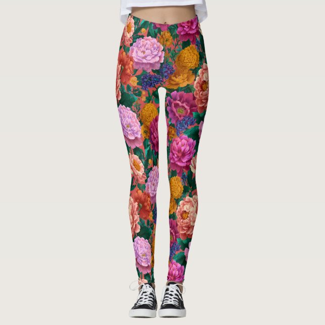 Vintage Colourful Peony Pattern Leggings (Front)