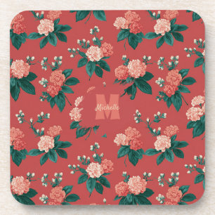 Vintage Colourful Peony Pattern - Maroon Backgroun Coaster