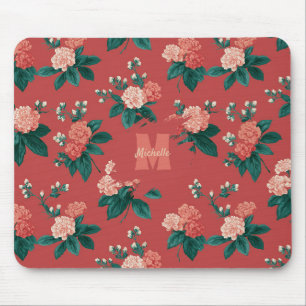 Vintage Colourful Peony Pattern - Maroon Backgroun Mouse Mat