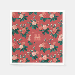 Vintage Colourful Peony Pattern - Maroon Backgroun Napkin