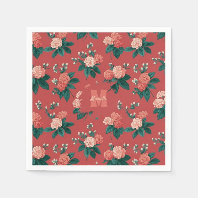 Vintage Colourful Peony Pattern - Maroon Backgroun Napkin (Front)