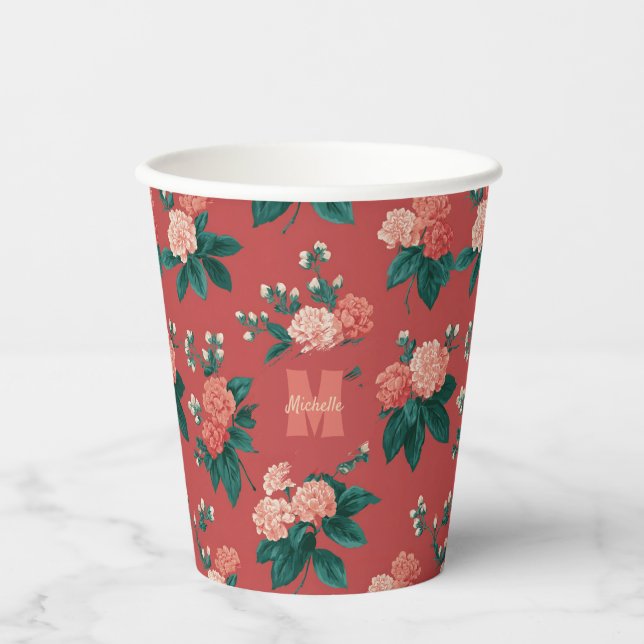 Vintage Colourful Peony Pattern - Maroon Backgroun Paper Cups (Front)