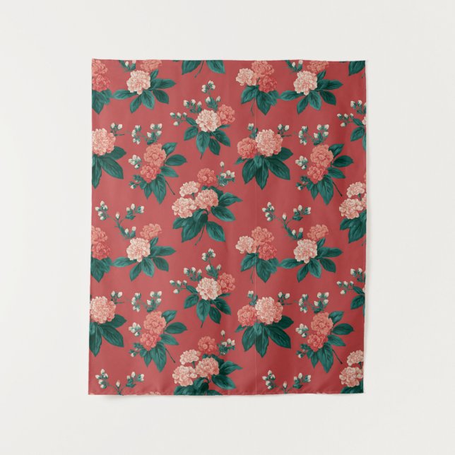 Vintage Colourful Peony Pattern - Maroon Backgroun Tapestry (Front)