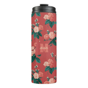 Vintage Colourful Peony Pattern - Maroon Backgroun Thermal Tumbler