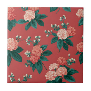 Vintage Colourful Peony Pattern - Maroon Backgroun Tile