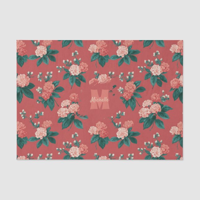 Vintage Colourful Peony Pattern - Maroon Backgroun Tissue Paper (Front)