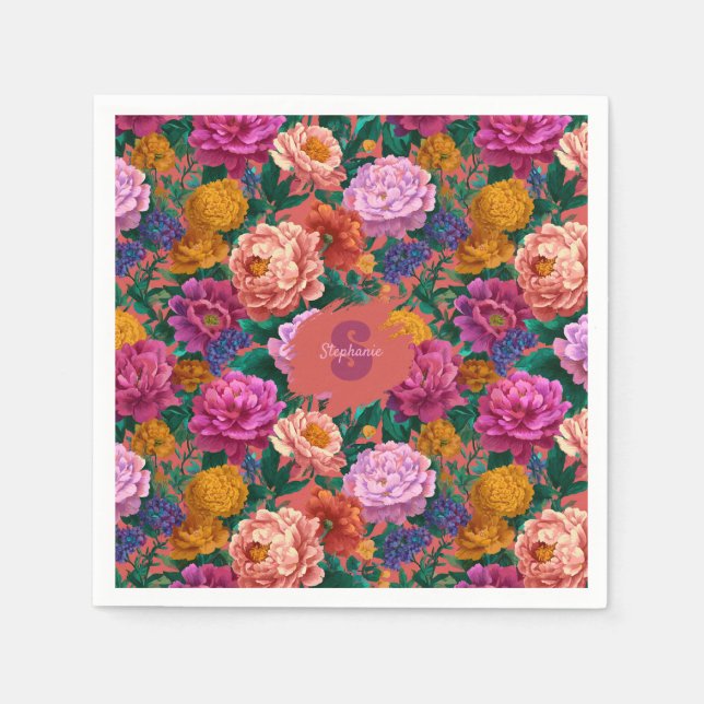Vintage Colourful Peony Pattern Napkin (Front)
