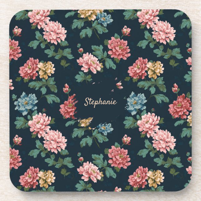 Vintage Colourful Peony Pattern on Black Backgroun Coaster (Front)
