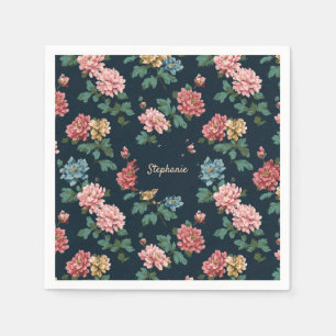Vintage Colourful Peony Pattern on Black Backgroun Napkin