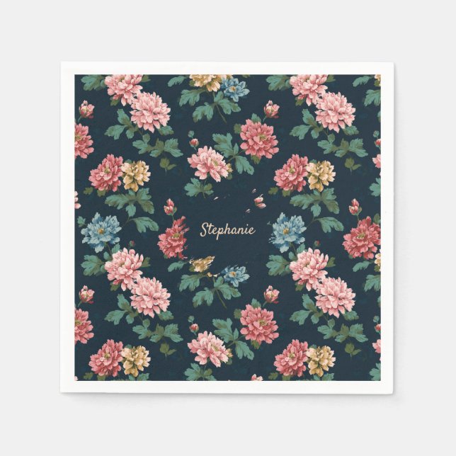 Vintage Colourful Peony Pattern on Black Backgroun Napkin (Front)
