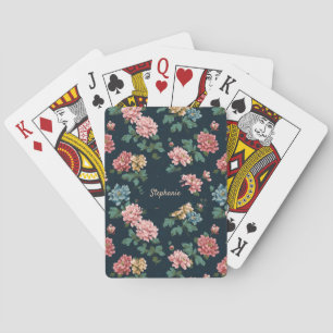Vintage Colourful Peony Pattern on Black Backgroun Playing Cards