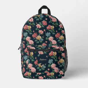 Vintage Colourful Peony Pattern on Black Backgroun Printed Backpack