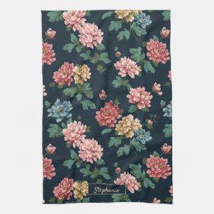 Vintage Colourful Peony Pattern on Black Backgroun Tea Towel