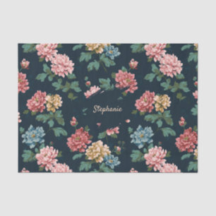 Vintage Colourful Peony Pattern on Black Backgroun Tissue Paper