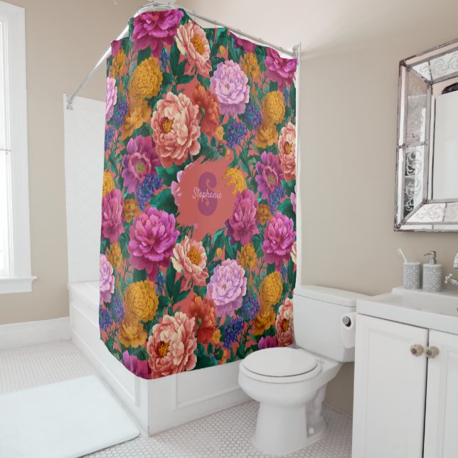 Vintage Colourful Peony Pattern Shower Curtain (In Situ)