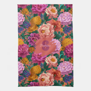 Vintage Colourful Peony Pattern Tea Towel
