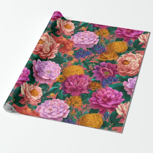 Vintage Colourful Peony Pattern Wrapping Paper (Unrolled)