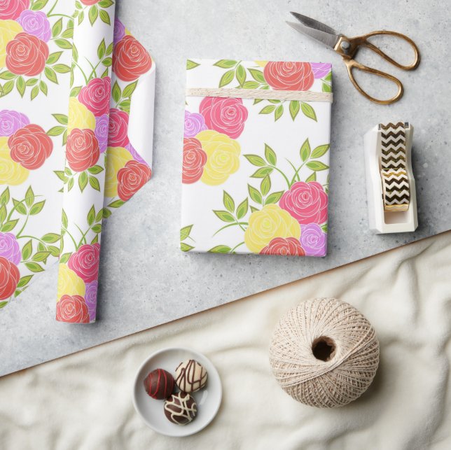 Vintage Colourful Rose Floral Pattern Wrapping Paper (Crafts)