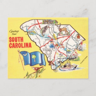 Vintage Colourful South Carolina Map Postcard