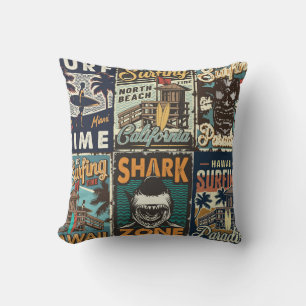 Vintage colourful surfing posters set with surf bu cushion