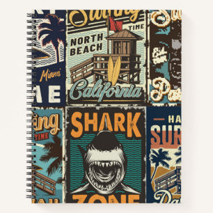 Vintage colourful surfing posters set with surf bu notebook