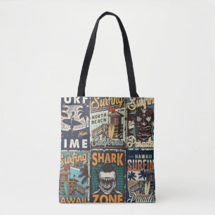 Vintage colourful surfing posters set with surf bu tote bag