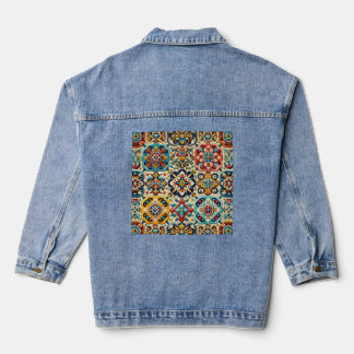 Vintage Colourful Tiles Pattern Denim Jacket