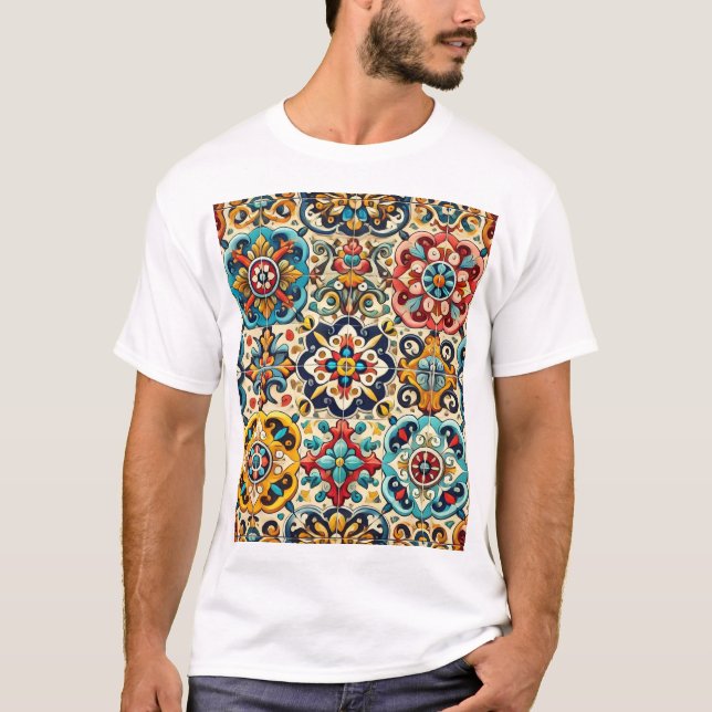 Vintage Colourful Tiles Pattern T-Shirt (Front)