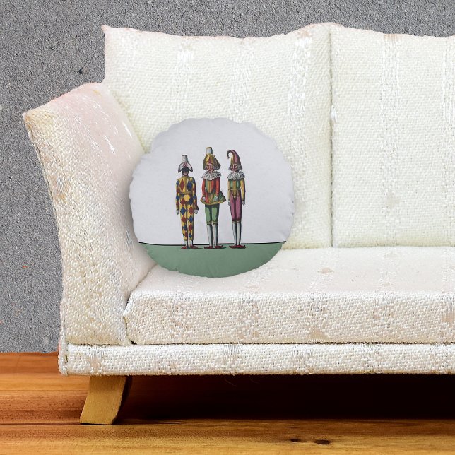 Vintage Colourful Whimsical Three Jester Dolls Round Cushion (Three jester dolls in colourful outfits hats on grey and green decorative pillow.)