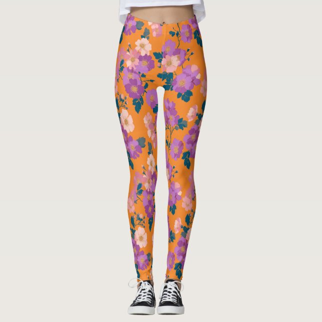 Vintage Colourful Wild Roses Pattern Leggings (Front)